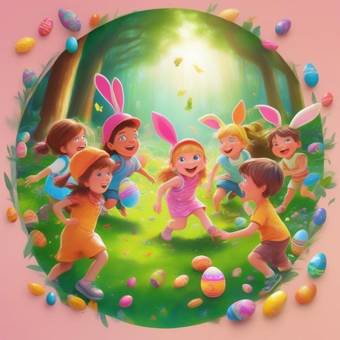 A colorful Easter scene with children running through the forest, filled with eggs and laughter.