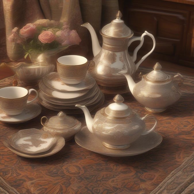 An inviting afternoon tea setup with a variety of cups, saucers, plates, teapots, and serving trays all neatly arranged.