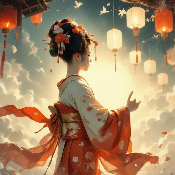 Step into a world of tranquility and elegance with this stunning anime-inspired wallpaper, featuring a geisha dancer in traditional Japanese attire, surrounded by fluttering fans and lanterns.