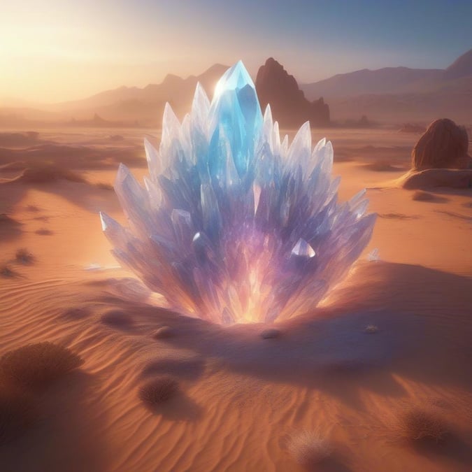 This stunning 3D art wallpaper features a cluster of crystals in the desert. The crystals are depicted in shades of blue and purple, with a subtle glow effect that gives them a sense of depth and dimensionality. The desert landscape provides a striking contrast to the crystals, with its sandy dunes and rocky outcroppings. The overall effect is one of beauty and wonder, inviting the viewer to step into the fantastical world of the image.