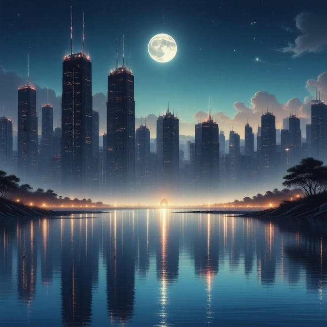 This anime-inspired cityscape wallpaper features a futuristic metropolis with towering skyscrapers, vibrant neon lights, and a serene body of water in the foreground, all set against a tranquil moonlit night sky.