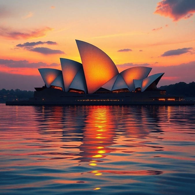 Glowing sunset lights up the Sydney Opera House, an iconic Australian landmark.