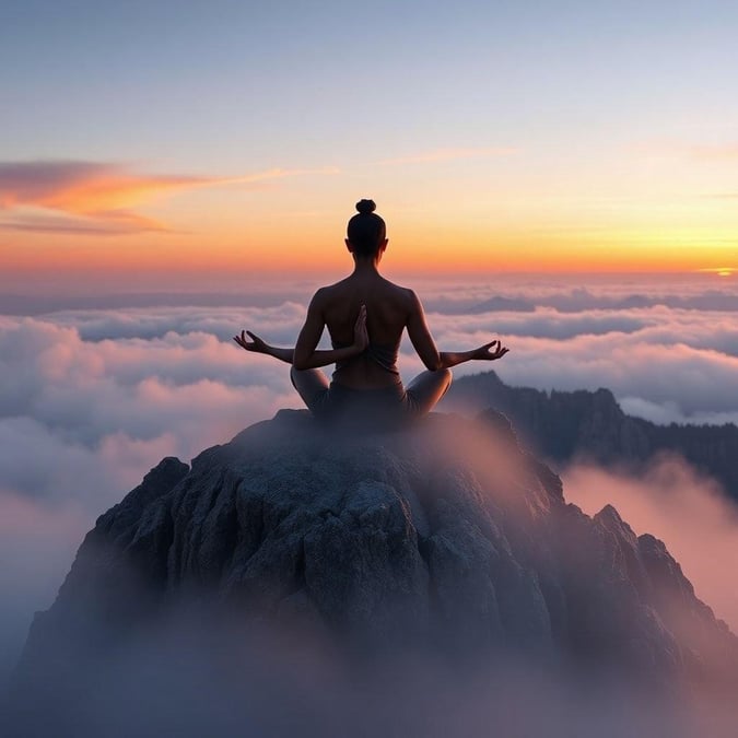 A serene and peaceful image of a woman meditating on a mountain peak, surrounded by a beautiful sunset.