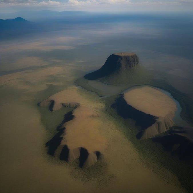 This image captures the breathtaking beauty of a desert landscape from an aerial perspective. The vast expanse of sand stretches out as far as the eye can see, punctuated by rocky outcroppings and sparse vegetation. The image conveys a sense of vastness and isolation, inviting the viewer to explore the uncharted territory.