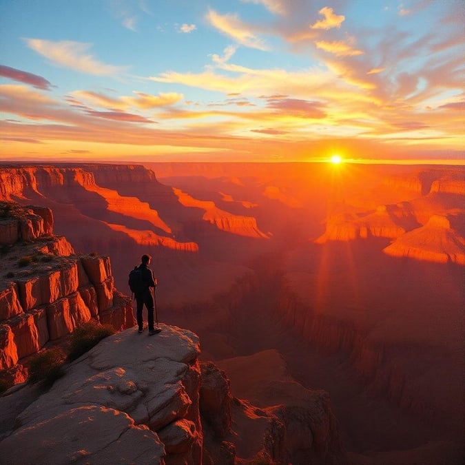 Witness the breathtaking view of the Grand Canyon at sunset, with the sun dipping below the horizon and the sky transitioning from vibrant orange to soft purples. Feel the serene atmosphere as you stand on the edge, contemplating the vastness of nature's grandeur.