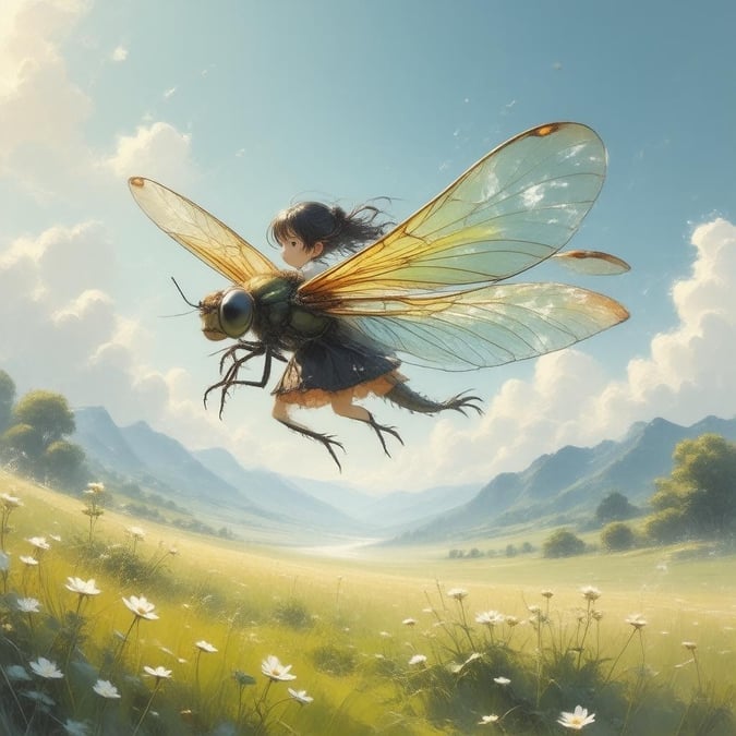 Experience the thrill of a schoolgirl riding a giant dragonfly over a lush green meadow in this captivating anime wallpaper.