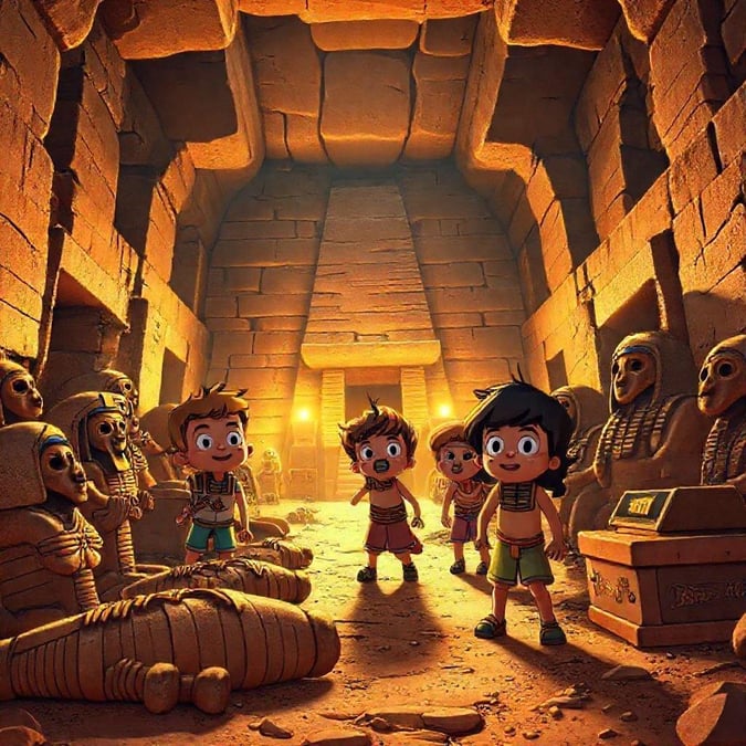 Step into a world of wonder and discovery with this captivating image of kids exploring an ancient Egyptian tomb. The vibrant colors and intricate details bring the history to life, making it a perfect addition to any room.