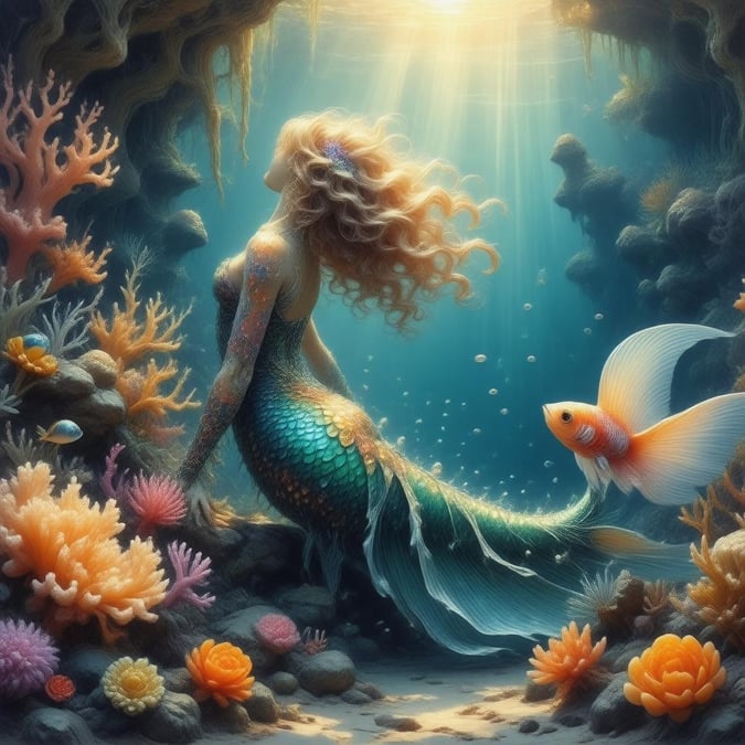 Step into a captivating underwater world where merfolk and marine life thrive. This stunning digital illustration brings to life the beauty of an ethereal, coral-filled kingdom hidden beneath the waves.