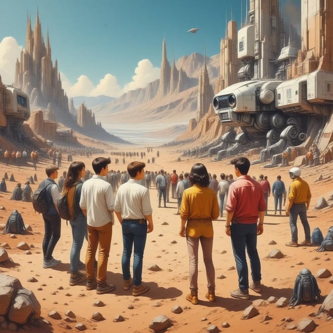 A group of people stand in awe as they observe advanced robotic technology amidst a futuristic city on Mars.