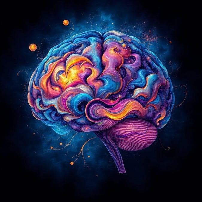 This psychedelic brain illustration explodes with vibrant colors, showcasing the complexities and depths of cognition. It's a creative piece that would make for an intriguing and thought-provoking wallpaper on your desktop or mobile device.