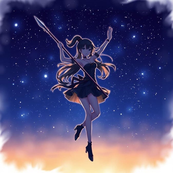 A detailed anime illustration of a warrior dancing in a starry night sky, her silhouette contrasting the brightly lit background.