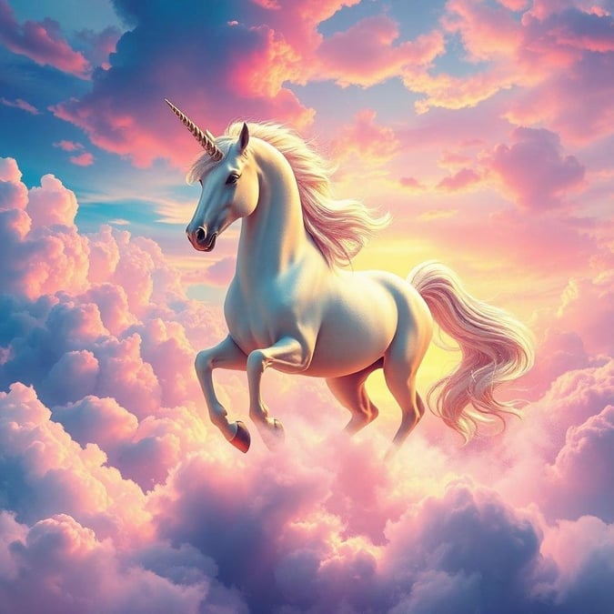 This mesmerizing digital artwork depicts a majestic unicorn with flowing mane and tail, gracefully galloping towards a vibrant sunset in the clouds. The fantastical creature stands out against the warm hues of the sky, evoking feelings of magic and wonder.