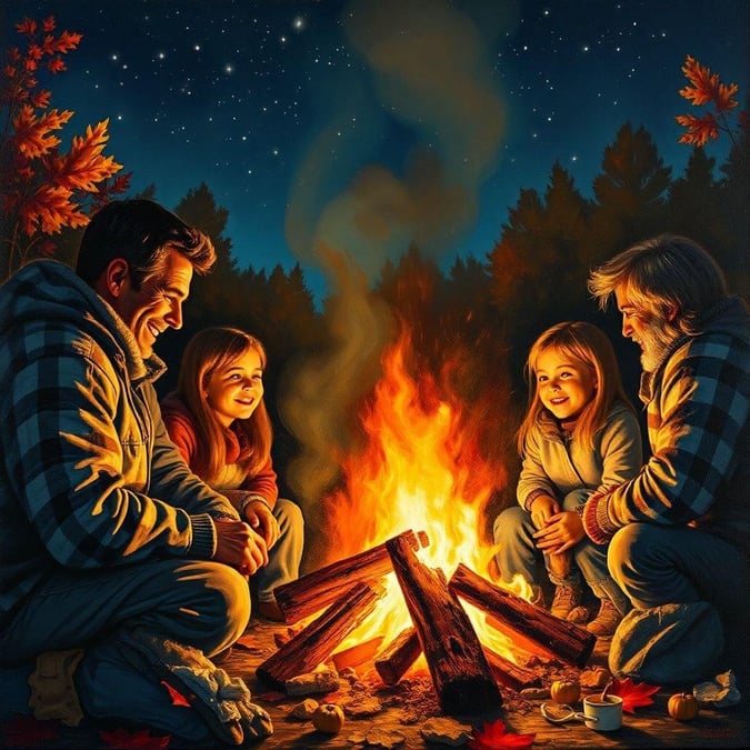 A heartwarming scene of a family coming together around a campfire, enjoying each other's company and the warmth of the fire, perfect for a cozy Thanksgiving celebration.