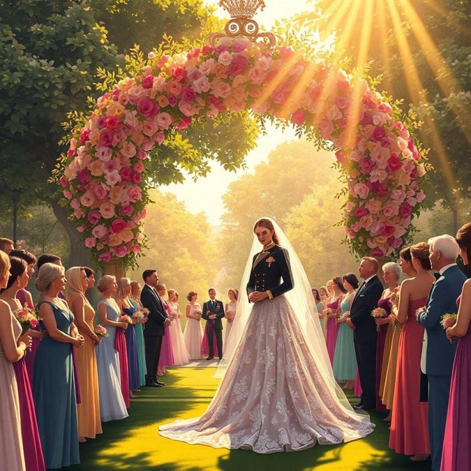 A serene and vibrant scene of a wedding ceremony, with the bride standing at the center, surrounded by a lush green lawn and a stunning floral arch adorned with pink roses.