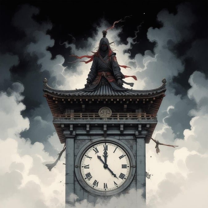 A mysterious ninja perched on the pinnacle of a clock tower, shrouded by dark, foggy mystery. The tower's traditional Japanese architecture adds an air of ancient lore.