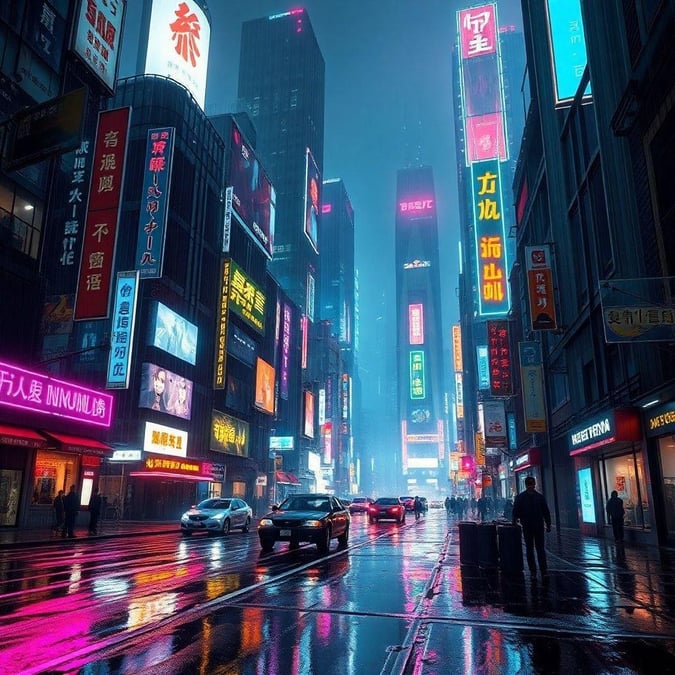 A bustling urban scene with towering skyscrapers, illuminated by a myriad of neon lights against the backdrop of a rainy night.