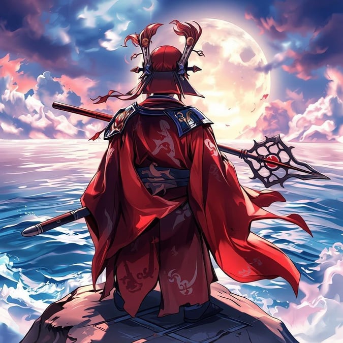 An anime samurai stands atop a cliff, gazing out over the vast ocean. The samurai is dressed in vibrant armor, a colorful headdress and helmet adorned with red accents. In hand, the samurai holds a trident, a symbol of their prowess and position. The scene captures a moment of stillness amidst the dynamic world of anime.