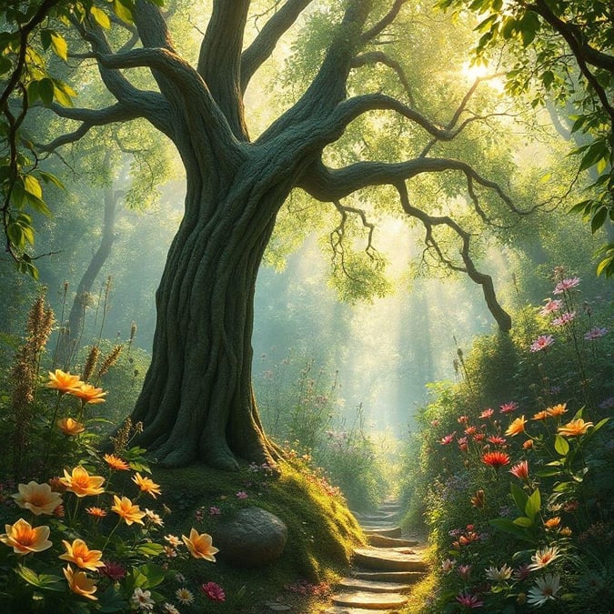 A mystical path through a verdant forest, leading the eye towards a grand tree that arches majestically over the trail. The scene is bathed in the soft light of sunrise or sunset, casting an ethereal glow on the mossy rocks and vibrant flowers that line the way.