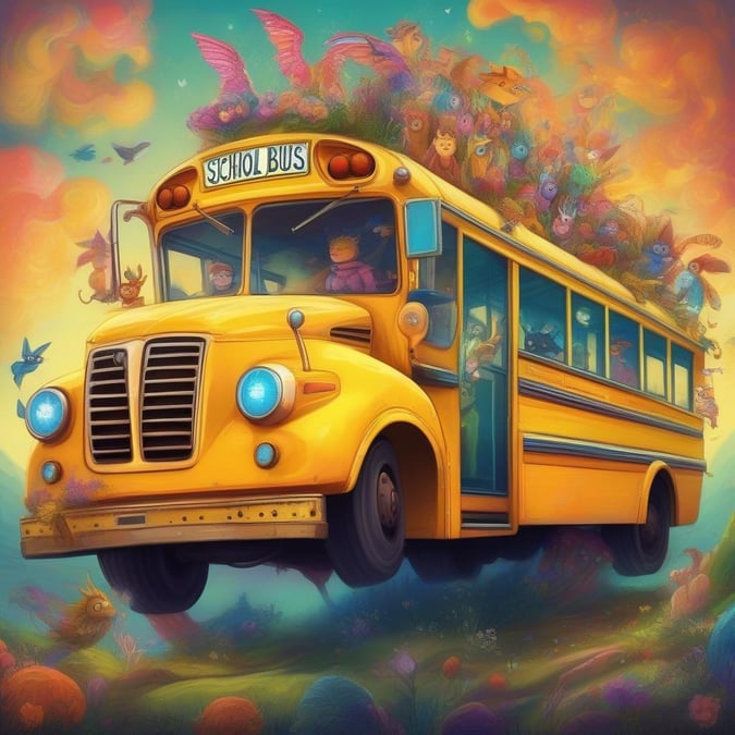 A vibrant bus full of joyful kids, ready for their school adventures.