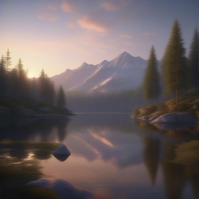 This serene mountain lake scene is the perfect way to bring a sense of calm and tranquility to your desktop or mobile device. The image features a majestic mountain range in the background, with a peaceful lake in the foreground, creating a sense of depth and tranquility.