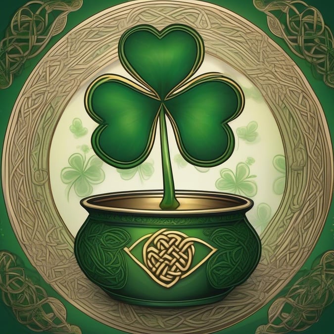 Celebrate St. Patrick's Day with this festive wallpaper. A four-leaf clover in a traditional pot is surrounded by Celtic knots, symbolizing good fortune and joy.