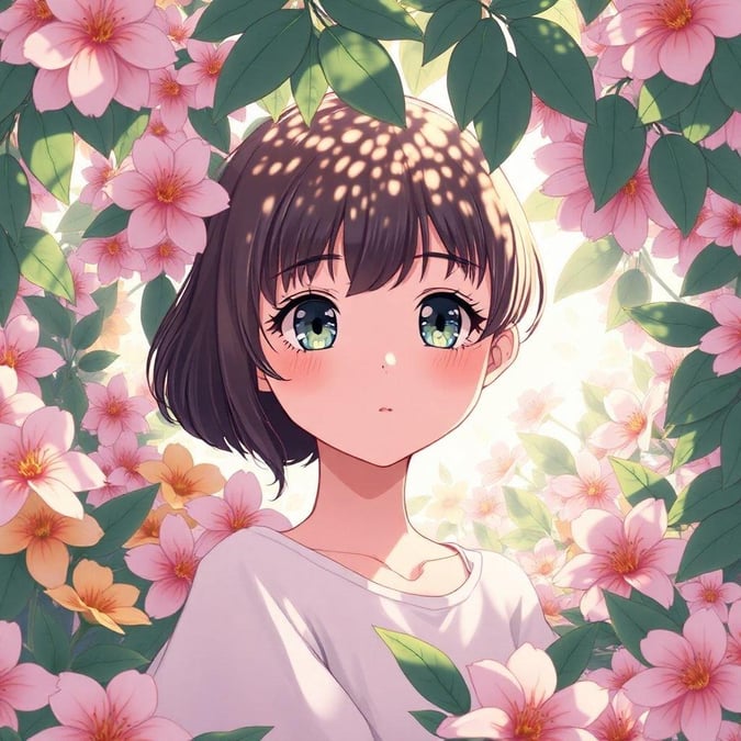 This wallpaper captures the essence of an enchanted garden, where a shy girl finds solace among the vibrant blooms and lush foliage. Her gaze seems to invite you into her secret world, where tranquility reigns supreme.