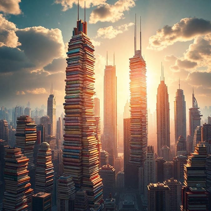 This captivating wallpaper captures the essence of a serene study session, perfect for back to school season. The image features a stunning cityscape with towering skyscrapers and a vibrant sky, creating a unique blend of urban and academic environments. The stacks of books and laptops scattered throughout the scene evoke a sense of productivity and focus, making it an ideal desktop or mobile wallpaper for students and educators alike.