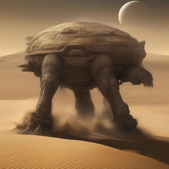 This mechanical desert explorer takes the form of an ancient turtle, navigating sandy dunes and alien landscapes.