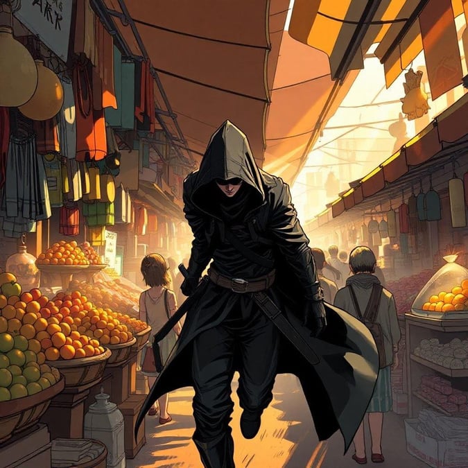 In this lively scene, an anime character in a black cloak is striding through a bustling marketplace. The character carries a sword at the ready, suggesting he might be a warrior or perhaps a hunter, and his dark attire contrasts with the vibrant colors of the surroundings.