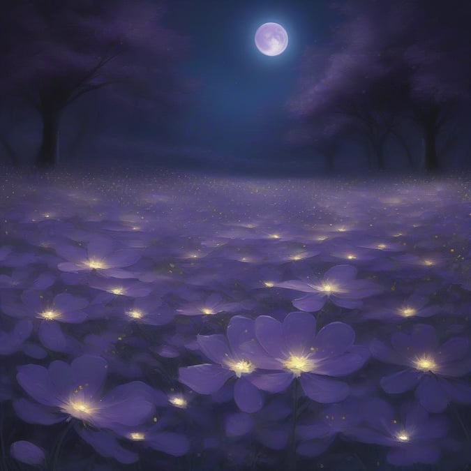 A tranquil night scene featuring a field blooming with purple flowers, illuminated by the soft glow of the full moon. A picturesque, peaceful setting for desktop wallpaper.