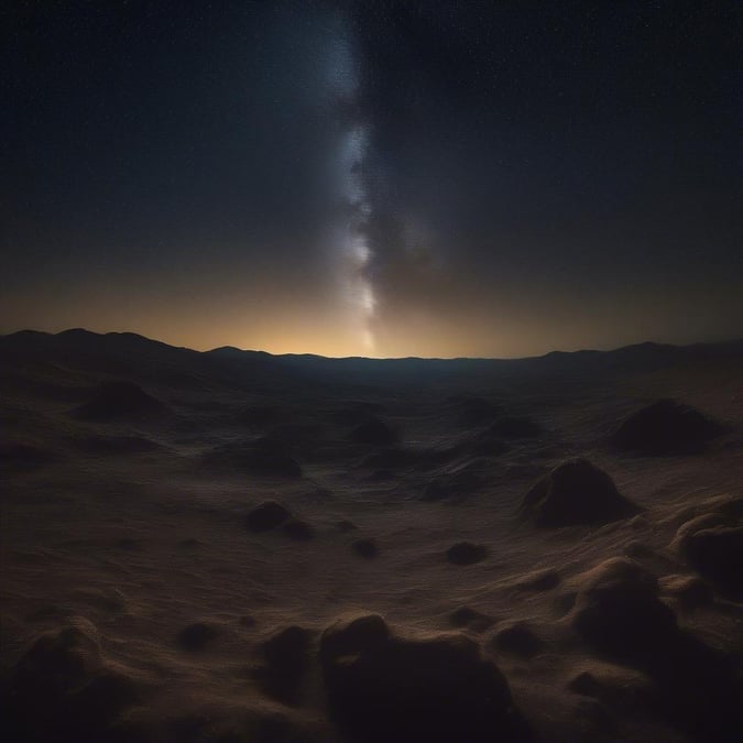 A barren Martian desert landscape at twilight, featuring rocky terrain with small hills and craters, set against the dramatic backdrop of a clear night sky where the Milky Way galaxy is prominently visible in the heavens.