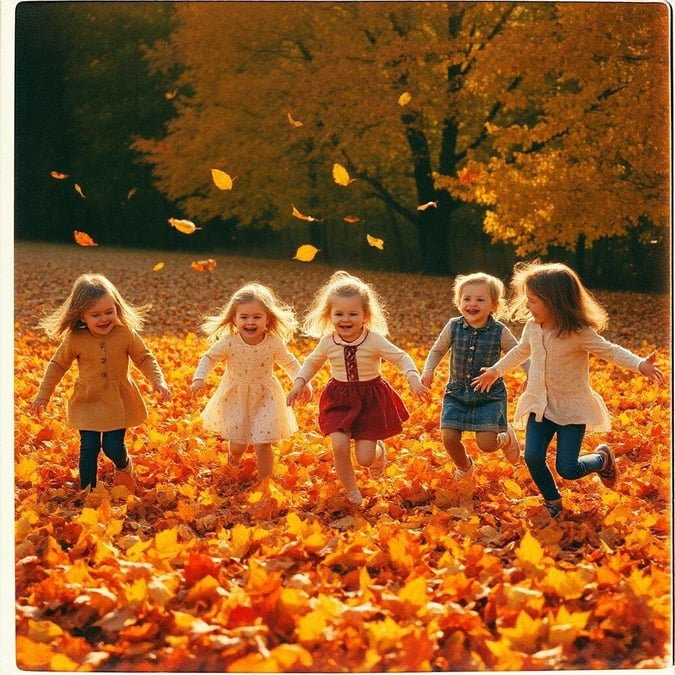 A joyful scene of children running through a field of fallen leaves, capturing the essence of autumn. They are laughing and enjoying their time together in the crisp air.