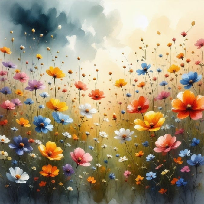 A vibrant and lush field blooming with colorful flowers, creating a fresh and lively atmosphere.