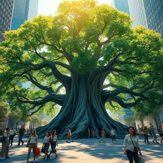 This vibrant green ancient tree serves as an urban oasis amidst the city. It stands tall among the modern skyscrapers, symbolizing nature's resilience and its place in our daily lives.