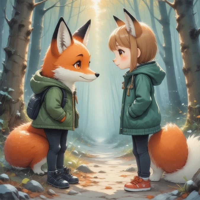 This wallpaper features a charming anime illustration of a young girl and a fox in a forest, exuding a sense of wonder and curiosity.