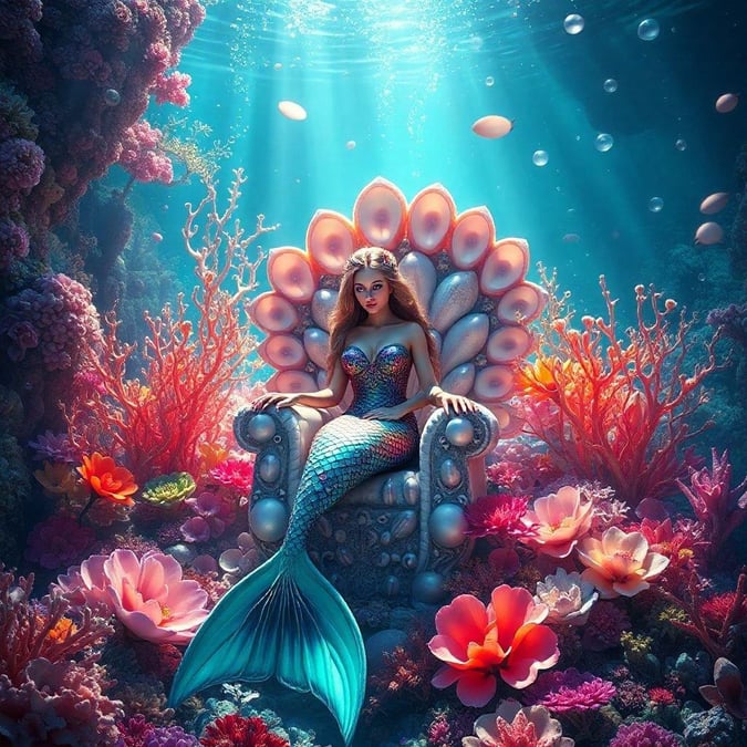 In this fantastical scene, a mermaid sits majestically on her throne amidst the depths of the ocean, her scales shimmering in the sunlight filtering through the water. Surrounded by coral and sea creatures, she embodies the mystique and allure of undersea life.