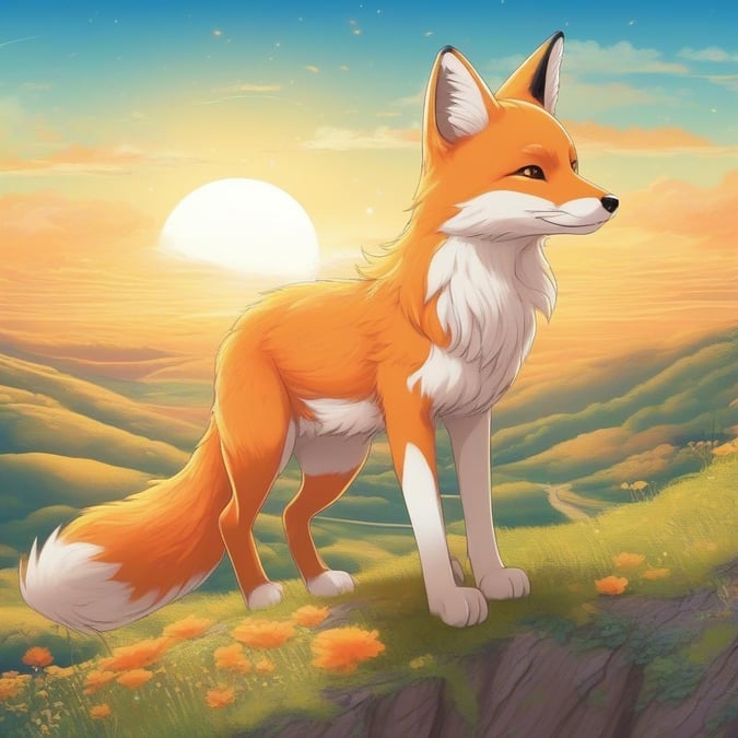 This anime illustration of a gentle kitune, with a vibrant orange and yellow fox, standing on a tranquil hilltop, captures a peaceful moment in nature. The peaceful scene, with its harmonious blend of nature and technology, is perfect for desktop and mobile use.