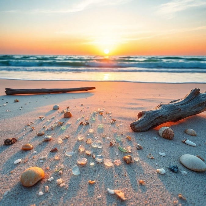 A tranquil beach scene with seashells, driftwood, and a captivating sunset in the background.