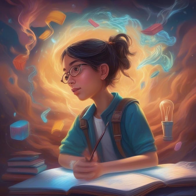 A young girl is deeply engaged in her studies, surrounded by books and a lightbulb, symbolizing the spark of knowledge and learning.