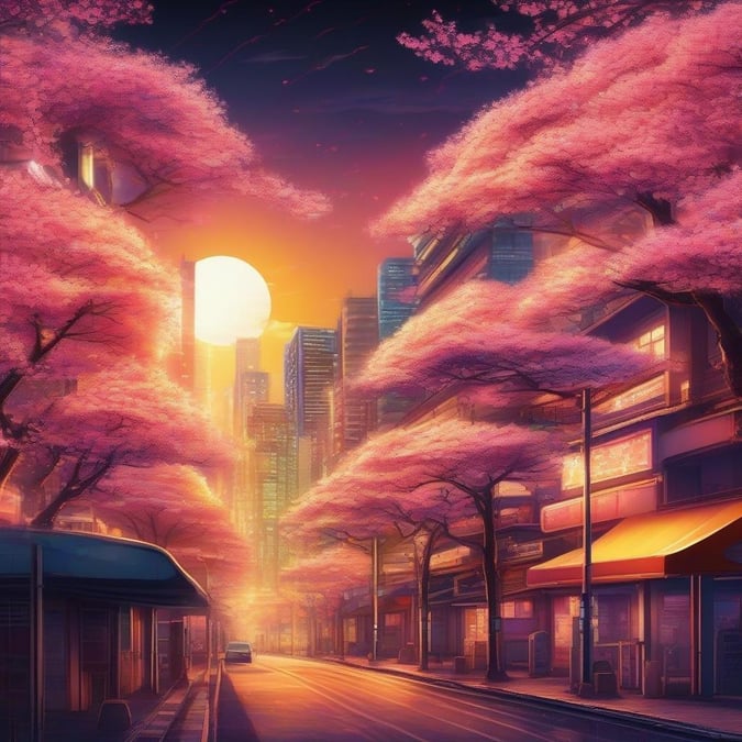 En lugn och futuristisk anime-inspirerad stad vid skymningen, med neonskyltar som lyser som körsbärsträd mot en rosa himmel.