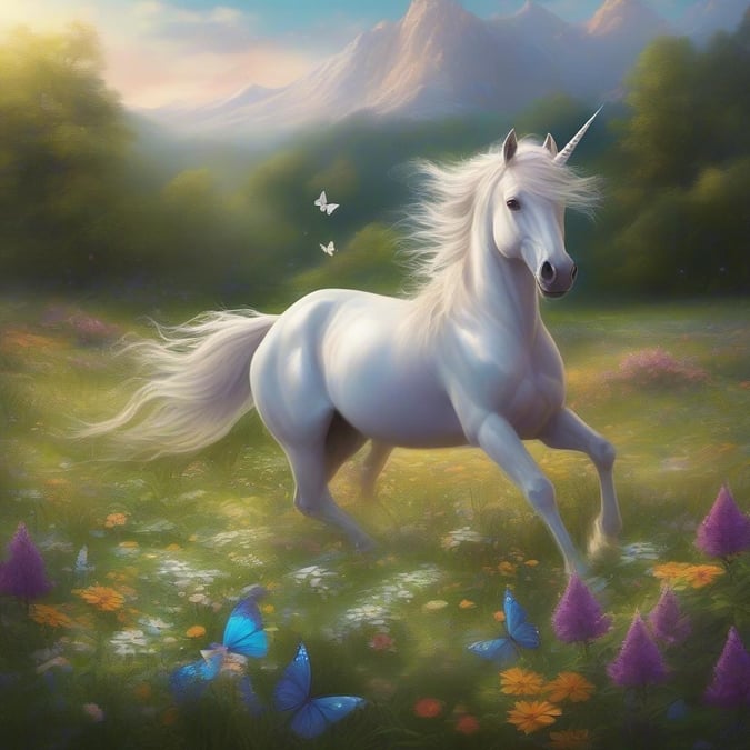 This enchanting wallpaper features a majestic unicorn prancing through a vibrant, fantastical landscape. The unicorn's ethereal beauty is set against a backdrop of rolling hills, towering trees, and a brilliant blue sky, creating a captivating and dreamlike atmosphere.