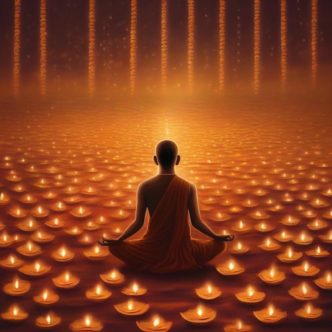 An image capturing the serenity of Diwali, where a monk sits peacefully amidst a field illuminated by rows of small, flickering candles.