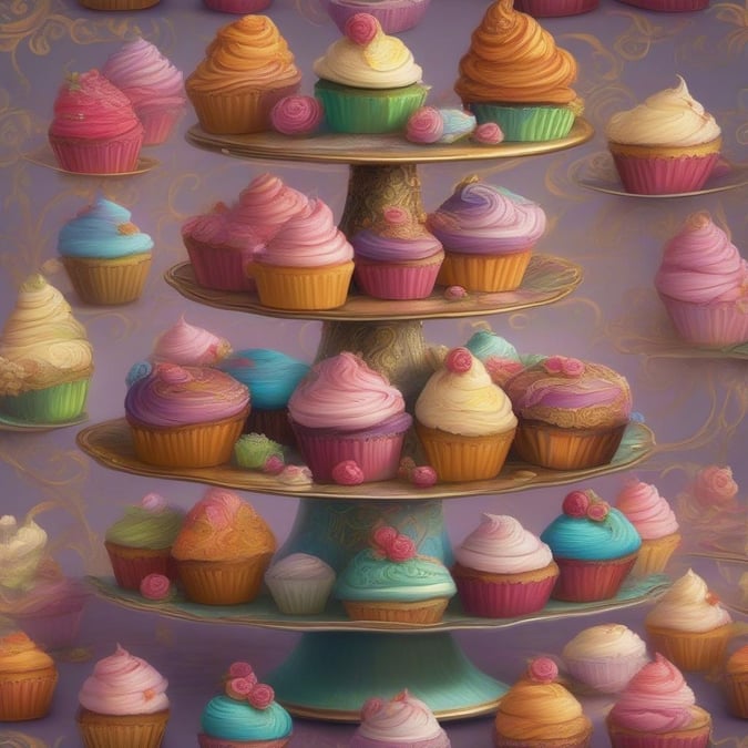 A whimsical bouquet of cupcakes in an enchanting rainbow palette, perfect for a delightful dessert feast or a dreamy desktop wallpaper.