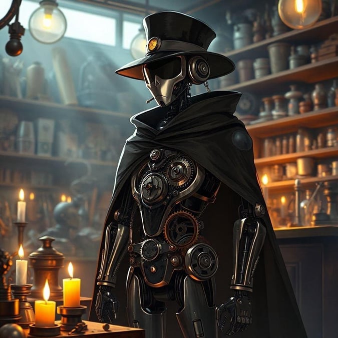 Questo straordinario sfondo di robot steampunk anime è perfetto per l'uso su desktop e mobile. L'immagine presenta un'illustrazione digitale dettagliata di un inventore robot ispirato al steampunk, adornato con un mantello nero e un cappello, in piedi in un laboratorio poco illuminato. Il corpo elegante del robot, nero e argento, con ingranaggi e tubi intricati, è circondato da una collezione di componenti meccanici e gadget. Lo sfondo, una stanza sfocata con scaffali, aggiunge mistero e intrigo.