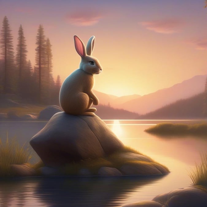 A serene and peaceful scene of a rabbit sitting on a rock by a lake, surrounded by trees and mountains in the background.