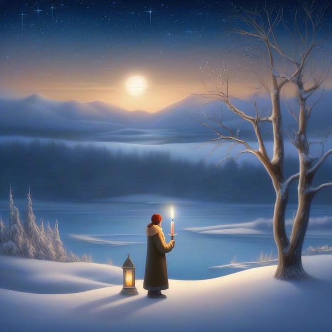 A woman stands by the serene lakeshore, a solitary candle glowing in her hand, casting light on the snowy landscape under the winter moon.