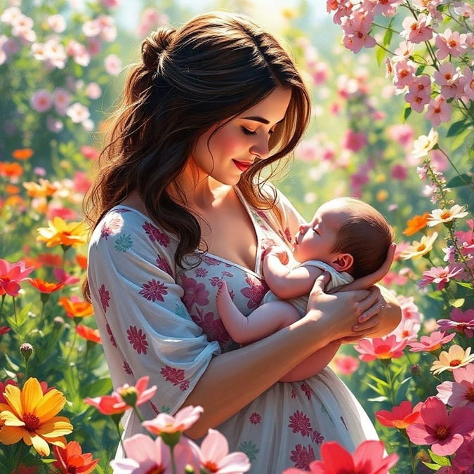 This beautiful scene captures the joy of Mother's Day, featuring a young woman holding her newborn baby amidst a field of colorful flowers. The image is perfect for celebrating the special bond between mother and child.