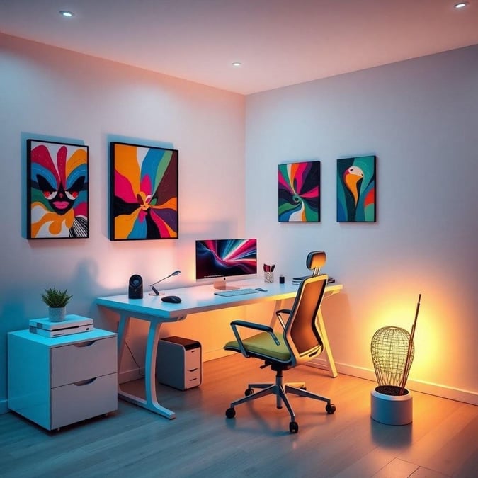 Elevate your remote work experience with this stylish and modern home office setup, complete with a sleek desk, comfortable chair, and vibrant artwork.