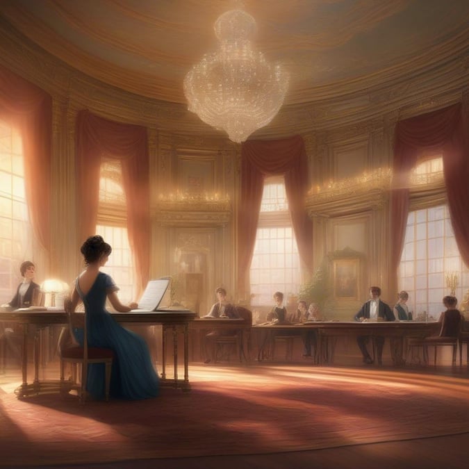 In this vibrant illustration, we see the iconic author, Lady Jane Austen, immersed in her work. Seated at a polished wooden desk, she pens her latest novel with quiet dedication. The room around her is richly decorated, reflecting the opulence of her time and the importance she held in society as one of the celebrated celebrities of her era.