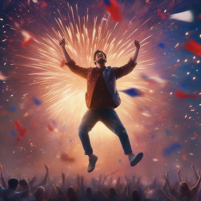 Man soaring through the air with arms raised, surrounded by a crowd celebrating. Large fireworks exploding in the background.